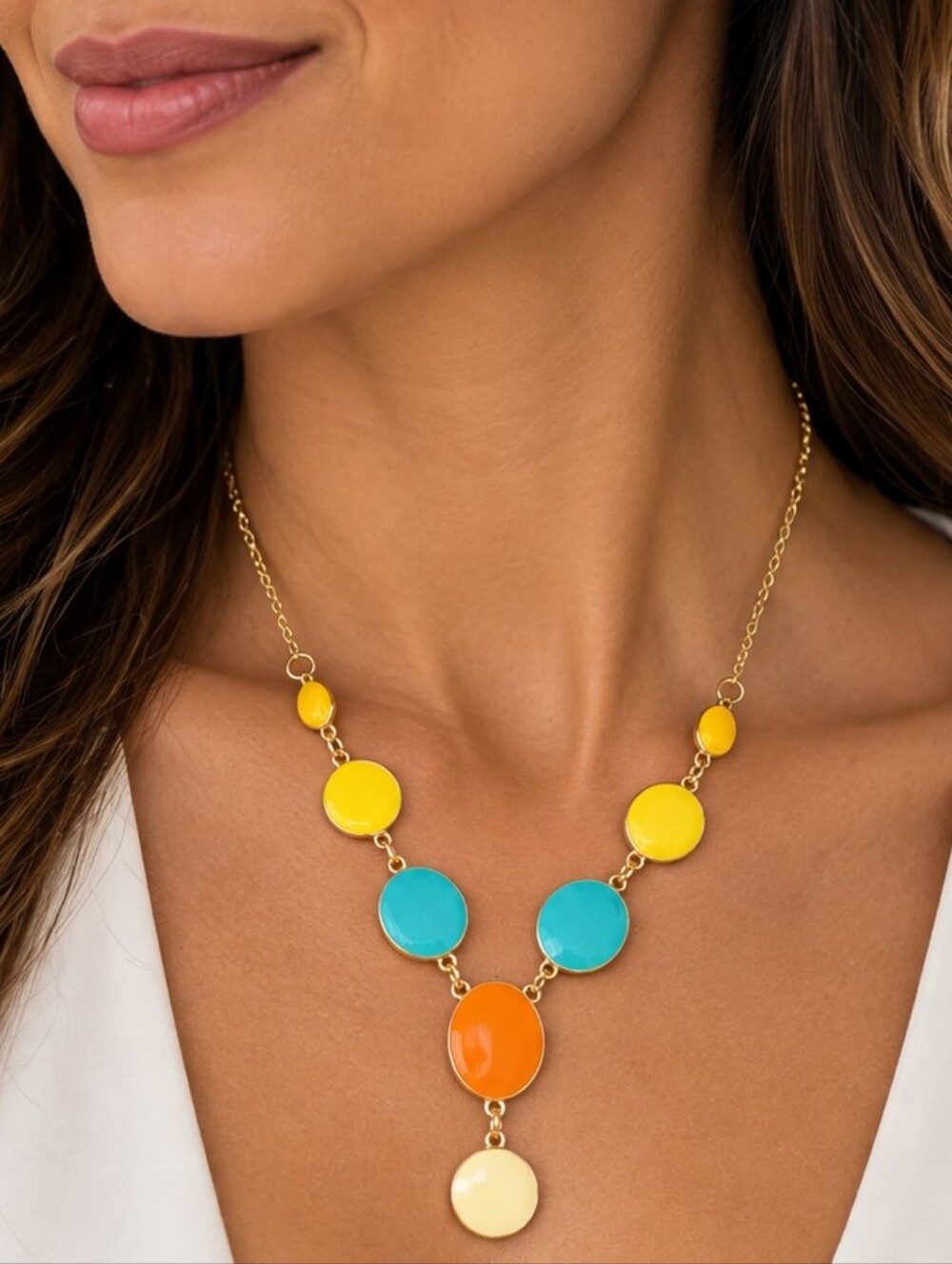 💎Gold Tone Colorful Enamel Disc Statement Necklace Yellow Blue Orange Cream Bib